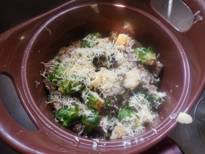 Sprouts and Tongue all Covered in Cheese